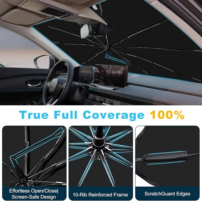 Windshield Sun Shade Umbrella Compatible with Toyota Tacoma 2016-2026, Upgraded Titanium Silver Sunshade with 360° Bendable Handle & Rearview Mirror Cutout, Reflective UV Heat Insulation - Image 3