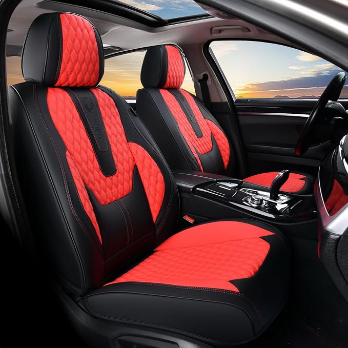 Coverado Car Seat Covers Full Set, 5 Seat Leather Seat Covers for Cars, Car Seat Protector with Lumbar Support, Waterproof Seat Covers Universal Fit for Most Cars SUV Trucks (Red&Black) - Image 2