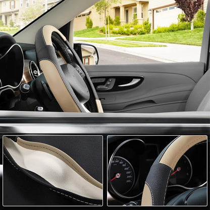 SEG Direct Steering Wheel Cover 14.5-15 inch Car Auto Interior Accessories | Universal Medium Standard Size 37-39cm for Car Truck SUV, Microfiber Leather, Anti-Slip Comfortable Grip, Black and Beige - Image 3