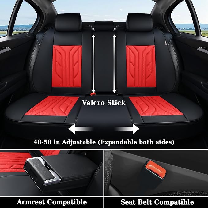 Coverado Car Seat Covers Full Set, Automotive Seat Covers Car Seat Protector Car Seat Cushion, Waterproof Leather Seat Covers for Cars, Universal Fit for Most Sedans SUV Pick-up Truck(Black&Red) - Image 8