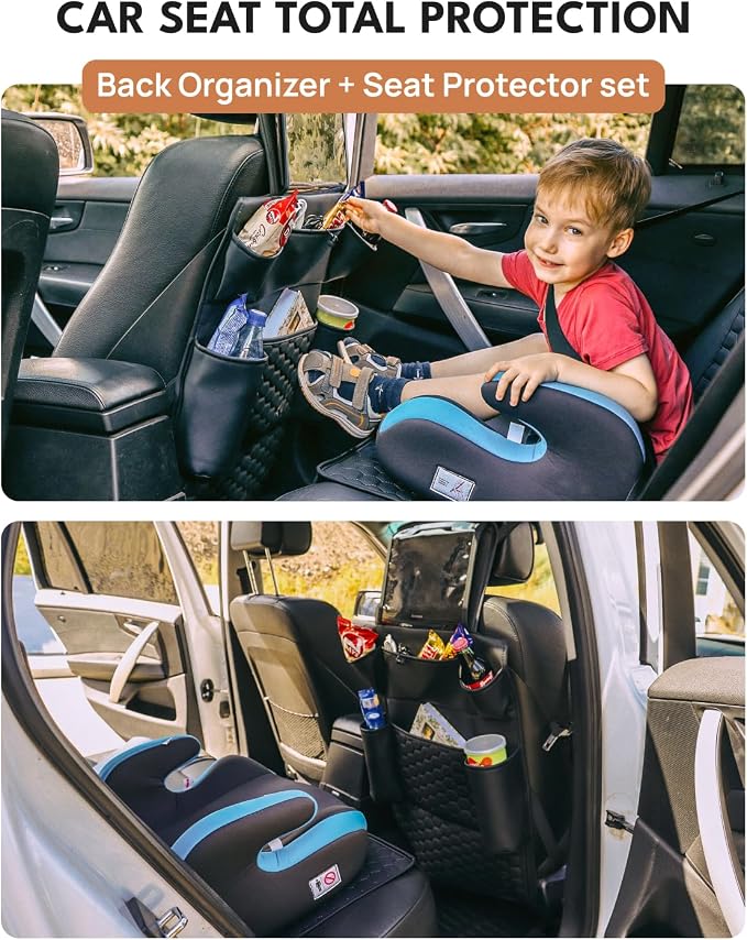 Set Seat Back Organizer & Car Seat Protector Hexy Waterproof & Non-Slip Protector for Child Car Cushion for Leather and Fabric Seats (Black Set 1) - Image 2