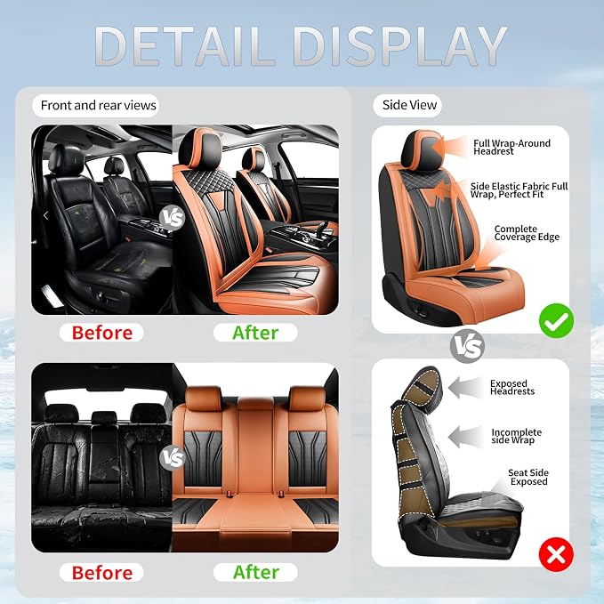 Fit Tacoma Premium Leather Car Seat Covers for Toyota Tacoma 2016-2022 2023 - Waterproof，Breathable，All-Weather Seat Cushion Protecto & Airbag Compatible, Full Set Orange&Black - Image 6