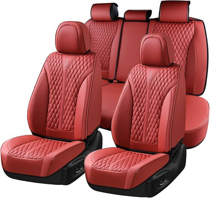 Coverado Car Seat Covers Full Set, Waterproof Nappa Leather Seat Covers for Cars, Front and Back Car Seat Protector, Luxury Car Seat Covers, 5 Seats Universal Red Car Seat Cover Fit for Most Cars by COVERADOAUTO