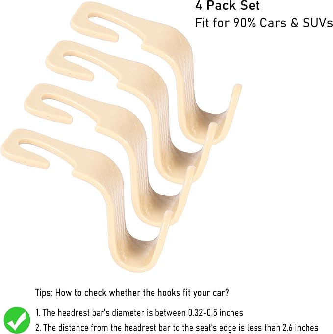 Car Seat Hooks 4 Pack - 55lb Heavy Duty Headrest Hanger, Beige | Universal fit for most cars SUVs,Hang purses handbags coats umbrellas grocery bags,ABS plastic,Easy Installation - Image 6