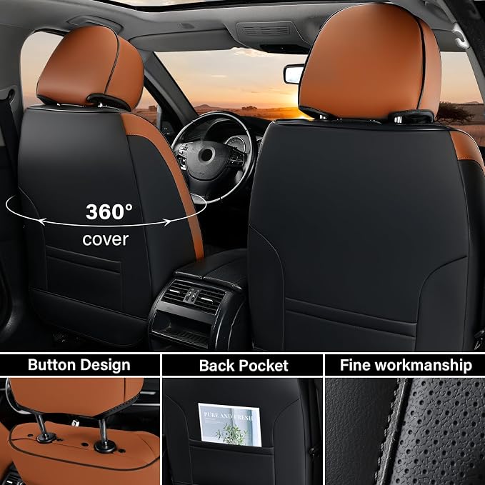 Coverado Seat Covers Full Set, 5 Seats Car Seat Cover, Front and Back Seat Covers for Cars, Breathable Faux Leather Car Seat Cushion, Car Seat Protector Universal Fit for Most Cars Vans, Brown - Image 2