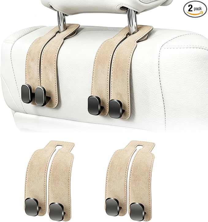 Amelity Car Headrest Hooks, Purse Hook for Car 2 Pack Beige | Universal Car Interior Accessories for Women, Available in 2/4 Pack, Storage Hanger Holds Purses, Backpacks, Grocery Bags by AmelityDirect