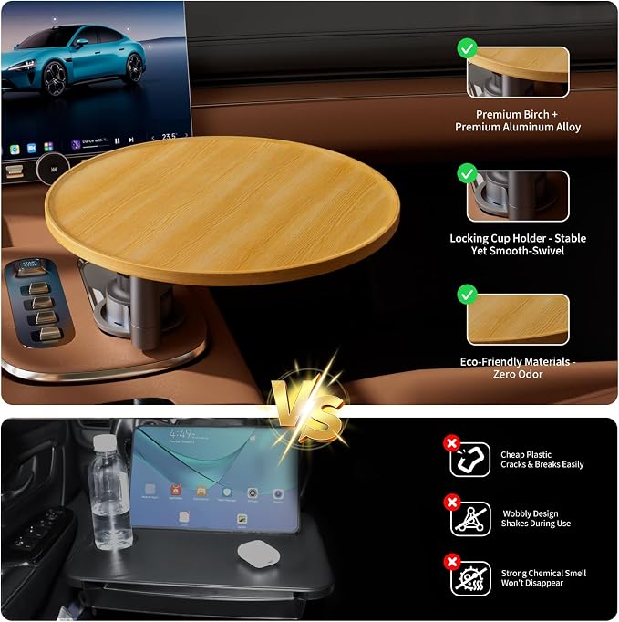 Car Tray & Car Desk for Laptop, 360° Rotating Wood Cup Holder Table, Steering Wheel Tray, Car Accessories for Women & Men,Compatible with Tesla Model Y/3/S, Ford F150/Explorer/Maverick & Most Vehicles - Image 4