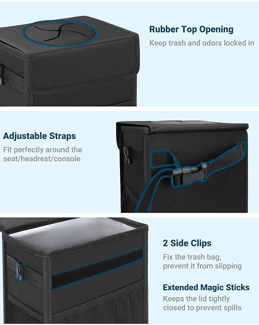 Capolo Car Trash Can with Lid, Leakproof Car Garbage Can Car Trash Bag | Waterproof, Trash Can for Car, 3 Mesh Pockets, Mini Hanging Vehicle Car Trash Bin, for Back/Front Seat (Black,2.5 Gal) - Image 3