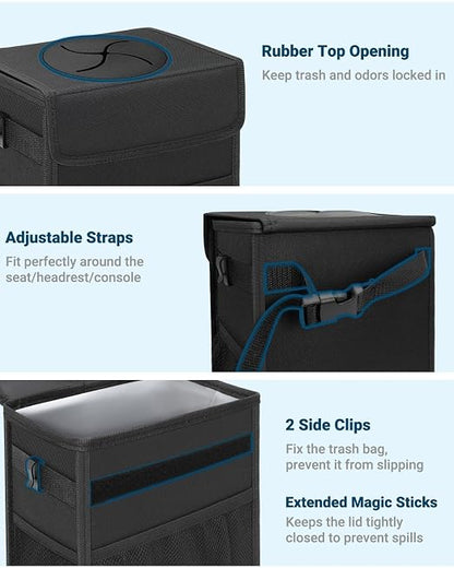 Capolo Car Trash Can with Lid, Leakproof Car Garbage Can Car Trash Bag | Waterproof, Trash Can for Car, 3 Mesh Pockets, Mini Hanging Vehicle Car Trash Bin, for Back/Front Seat (Black,2.5 Gal) - Image 3