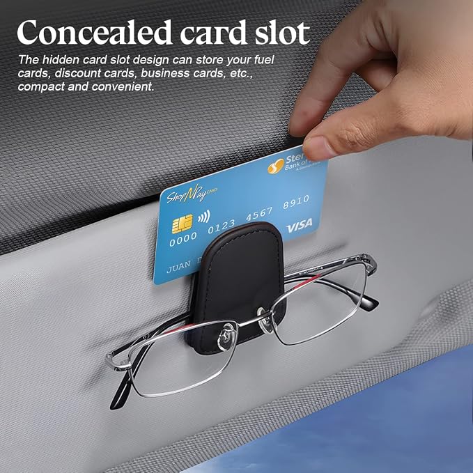 zipelo Magnetic Leather Sun Visor Sunglasses Holder Clip, Black | one-hand access, soft contact surfaces, stores glasses and cards, lightweight compact form, car interior accessories - Image 4