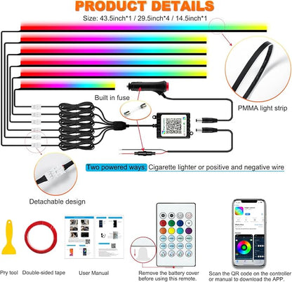 Jushope Interior Car LED Strip Lights, Acrylic LED Lights for Car with Dynamic Dreamcolor Chasing, Ambient Lighting Kits Music Sync Wireless APP and RF Remote Control (6 in 1) - Image 6
