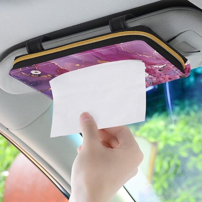 Biyejit 2 Pack Car Tissue Holder, Pink Marble Floral PU Leather Hanging Paper Towel Box, Auto Napkin Holder Cover Paper Tissue Dispenser for Sun Visor & Backseat Vehicle - Image 3