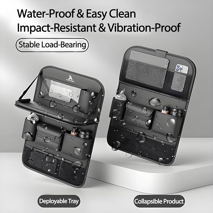2 Pack Universal Foldable Car Backseat Organizer with Table Tray, Car Seat Back Protector with Touch Screen Phone Holder, Premium Leather Kick Mats with Storage Pockets Tissue Box (Black) - Image 3