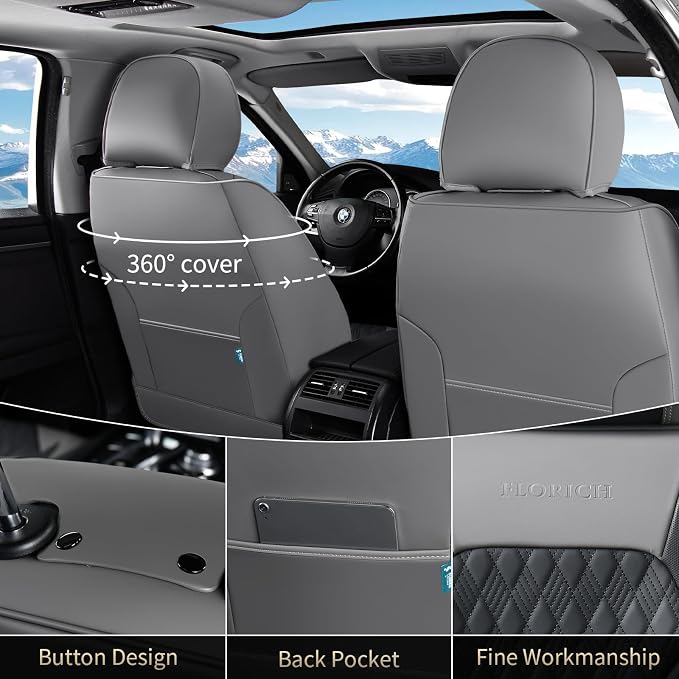 Seat Covers, Car Seat Covers Full Set, Luxury Nappa Leather Seat Covers, Breathable and Waterproof Car Seat Protector 5 Seat, Automotive Seat Covers Universal Fit for Most Cars-Gray&Black - Image 2