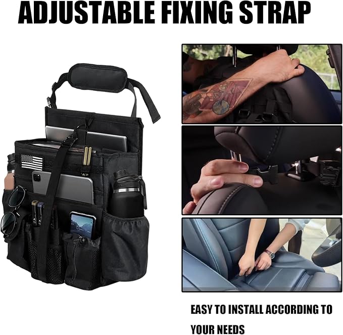 Front & Seat back organizer with dedicated tablet and 15.6 IN laptop storage stabilizers external stabilizing side straps soft adjustable shoulder straps hardened buckle (Black) - Image 6
