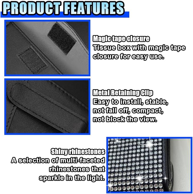 Bling Car Sun Visor Tissue Box Holder, PU Leather Auto Paper Towel Cover, Glitter Crystal Rhinestone Napkin Holder, Car Decoration Accessories for Women (Black/White) - Image 4