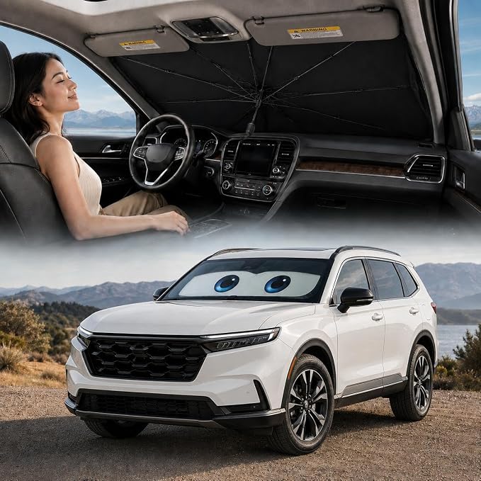 Car Windshield Sun Shade Umbrella, Universal Fit Mid-Large Sedan SUV | 57 x 31" Car Sun Visor, Foldable UV Heat Blocking Front Window Sunshade with Rearview Mirror Cutout, Cute Eyes Series by eygeufg