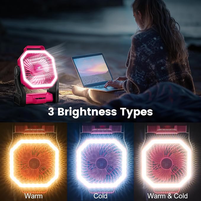 Odoland Portable Rechargeable Fan, 20000mAh Camping Fan with LED Lantern | 4-Speed Airflow & 3-Color Light Oscillating Fan with Hanging Hook for Tent Car Beach Hurricane Power Outage, Pink - Image 3