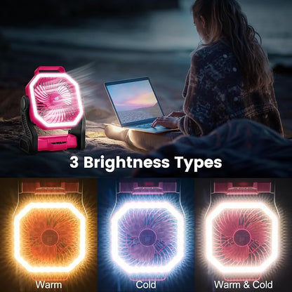 Odoland Portable Rechargeable Fan, 20000mAh Camping Fan with LED Lantern | 4-Speed Airflow & 3-Color Light Oscillating Fan with Hanging Hook for Tent Car Beach Hurricane Power Outage, Pink - Image 3