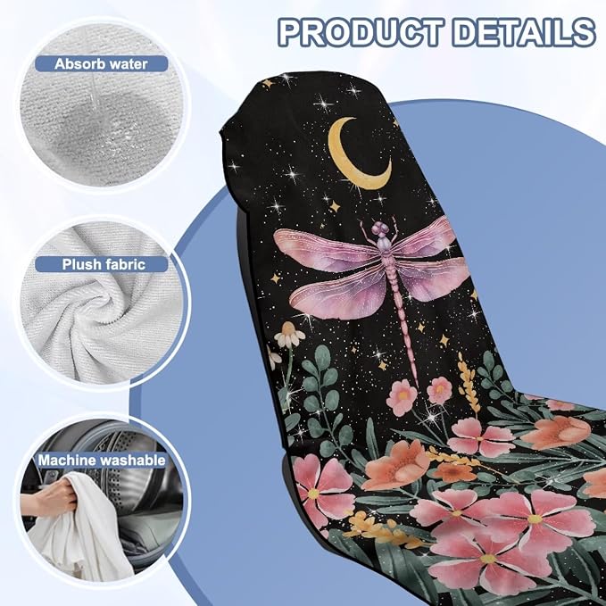 Dragonfly Moon Car Seat Towel Cover for Front Seat Only Sweat Auto Seat Cover Protector Pink Dragonfly Flower Car Interior Seat Protector Driver Seat Cushion Cover for Yoga Swimming Hiking - Image 6