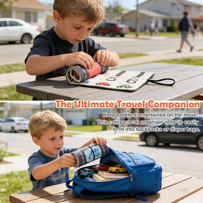 Portable Toy Car Storage Roll and Playmat - Travel Car Carrier Organizer Case for 6 Small Cars - Compatible with Hot Wheels & Matchbox, Toddler Quiet Play Activity Mat for Airplane - Image 3