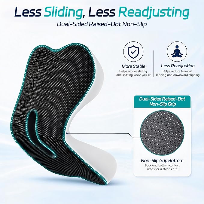 Cool & Dry Seat Cushion & Back Support for Coccyx & Lumbar Relief | Higher Back for Stable Lower-Back Support / Dual-Sided Grip Keeps It in Place / Support Without Sinking / Durable / Washable - Image 6