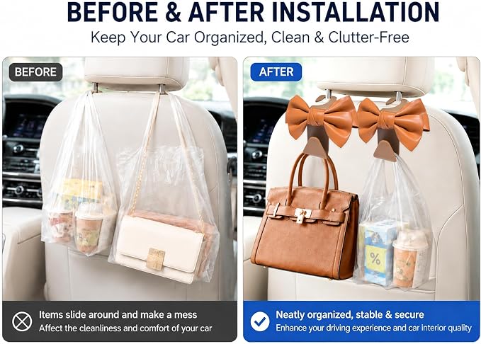 2 Pack Car Purse Hooks, Headrest Hooks for Cars, brown | Car Bag Hanger for Groceries, Coats, Umbrellas and Daily Essentials, Bow-Shaped Car Interior Organizer for Handbags and Bags - Image 5
