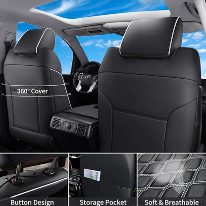 Huidasource Tacoma Front&Back Seat Covers Full Set, Automotive Leather Car Seat Cushion Cover Fit for 2005-2015 Double&Crew Cab 2nd Gen Toyota Tacoma Base SR5 Limited TRD Sport(Full Set/Black&White) - Image 3