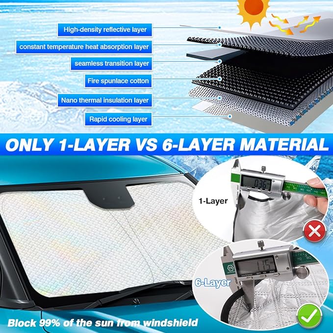 Canvcle Windshield Sun Shade for 2019-2025 2026 Chevy Silverado 1500/GMC Sierra 1500 Accessories Thicken 6-Layer Foldable Front Window Sunshade Sun Visor Cover Protector Block UV Rays - Image 3