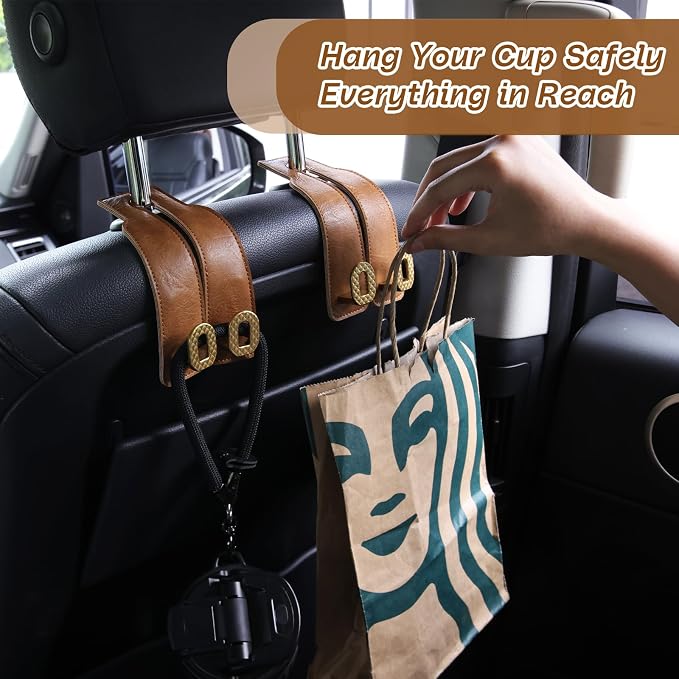 Car Headrest Hooks Universal Car Purse Hook Premium Leather and Alloy Twin Hook Car Seat Back Storage Hanger Hook for Purse Bags Cloth Drink Durable Holder Car Accessories (BH09-Brown-Gold) - Image 4