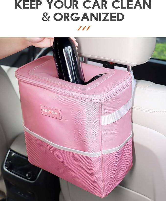 HOTOR Car Trash Can, Compact Waterproof Organizer, Leak-Proof Bin, 2-Gallon | Pink, Multifunctional Car Accessory with Adjustable Straps & Magnetic Snaps for Interior Car Storage - Image 2