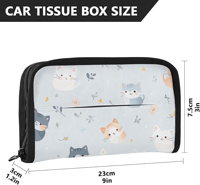 Car Tissue Holder Napkin Dispenser Box Storage Case Sun Visor Mask Holders with Adjustable Straps Reusable Refillable Cute Cats - Image 3