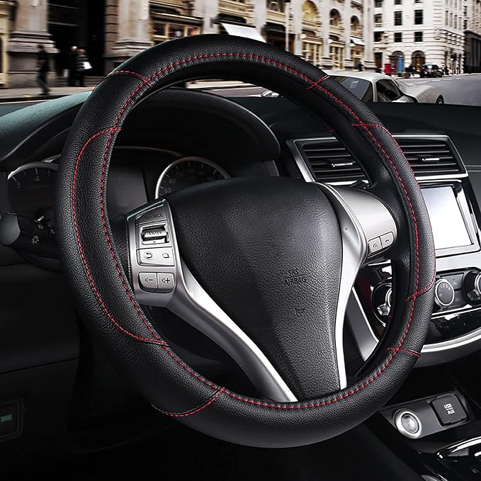 Leather Car Steering Wheel Cover, Universal Fit for Most Cars, Black | Microfiber Leather,Non-Slip Breathable Auto Steering Wheel Protector by Szttswamp