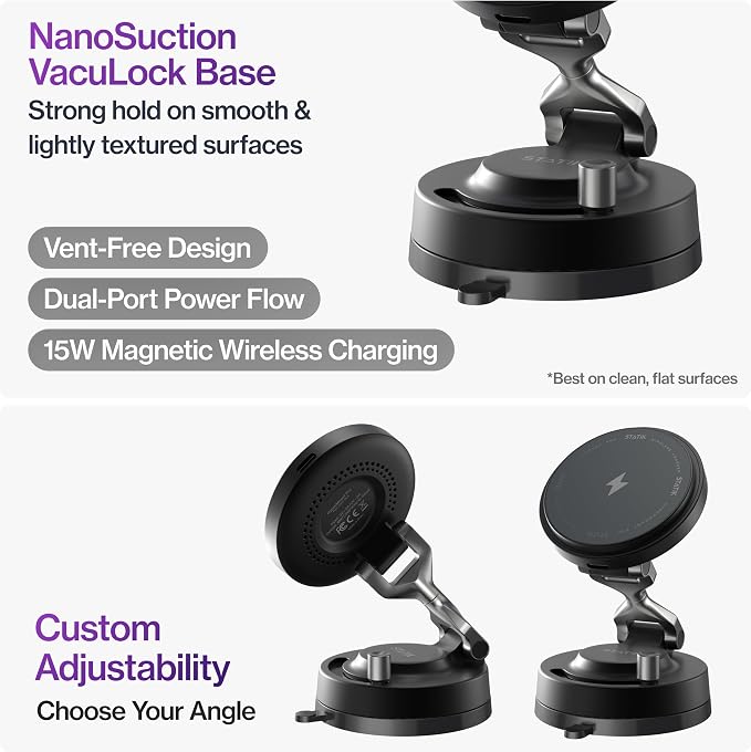 Statik HyperMount Pro Magnetic Charging Phone Holder for iPhone and Android | 15W Wireless Charging, Nano-Suction VacuLock Grip, 360° Rotation, Compatible with MagSafe, Metal Rings for Android - Image 5