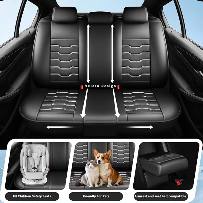 Fit Frontier Car Seat Covers Premium Leather for Nissan Frontier 2009-2025 2026. Waterproof， Breathable, Scratch-Resistant & All-Weather Seat Cushion Protector（Full Set,White Line Black - Image 3