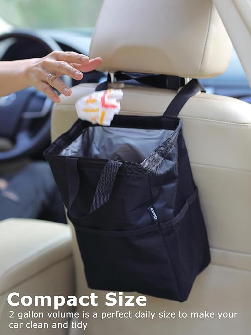 Ginsco New Leak-Proof Travel Trash Bag, Hanging Car Trash Can with Hook and Loop Lid and Handle, Multipurpose Trash Bin with Storage Pockets for Car SUV Truck RV Camping 2 Gallons, Black - Image 2