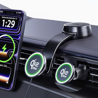 Upgrade for Qi2.2 25W for MagSafe Wireless Car Charger Mount, Space Black | 2XFast Charging [90+LBS Safe Suction] Magnetic Phone Holder Dashboard Windshield Vent for iPhone 17/16/15/14/13/12 Pro Max by TUORLDIRECT