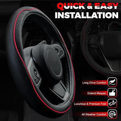 Ouzorp Car Steering Wheel Cover, Microfiber Leather Steering Wheel Covers with Anti-Slip Lining, Universal 14.5-15 inchs Black with Red line - Image 4