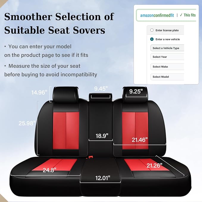 Coverado Automotive Seat Covers, Car Seat Protector for Back Seat, Waterproof Seat Covers for Cars Carseat Cover, 3-Pieces Back Seat Cover for Car, Faux Leather Universal Fit Most Cars, Black&Red - Image 3