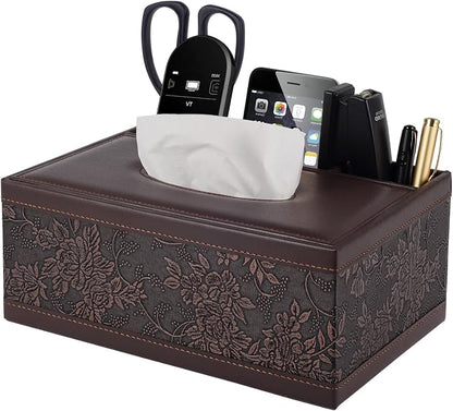 Tissue Box Cover Rectangle Retro Tissue Box Holder PU Leather Facial Tissues Organizer,Multifunctional Remote Control Stationery Storage Box,Home Office Supplies Car Napkin Caddy by XNONE