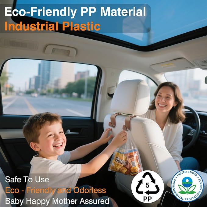 4-Pack Car Seat Hooks - 55 lb Each, Fits 0.32-0.55 in Headrest Rods | Purse holders; PP construction; tool-free setup; 360° swivel; brown; for groceries, backpacks, gym bags, and baby gear - Image 3