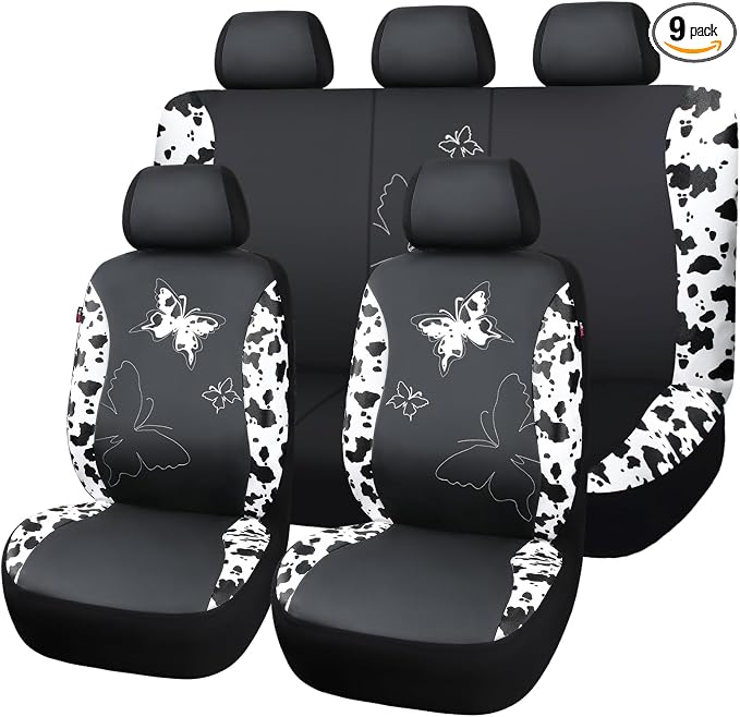 Flying Banner Butterfly car seat Covers ful Set Fashion Universal Lady Woman Female Rear Bench Split Colorized (Full Set - Faux Leather, Cow Print) by FlyingBanner