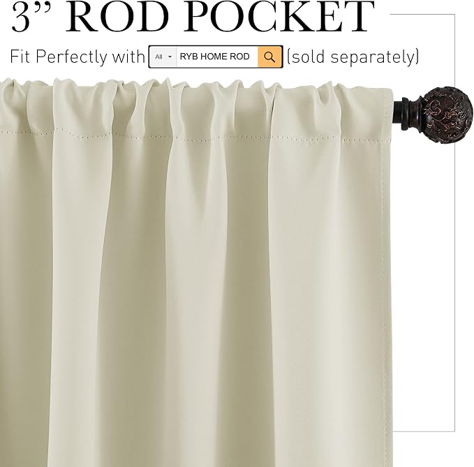 RYB HOME French Door Window Curtain Coverings, Rod Pocket | Thermal Insulated, Privacy Protection, Non See Through, Drapes for Small Window Bathroom Kitchen, W29 x L45, Beige, 2 Panels - Image 2