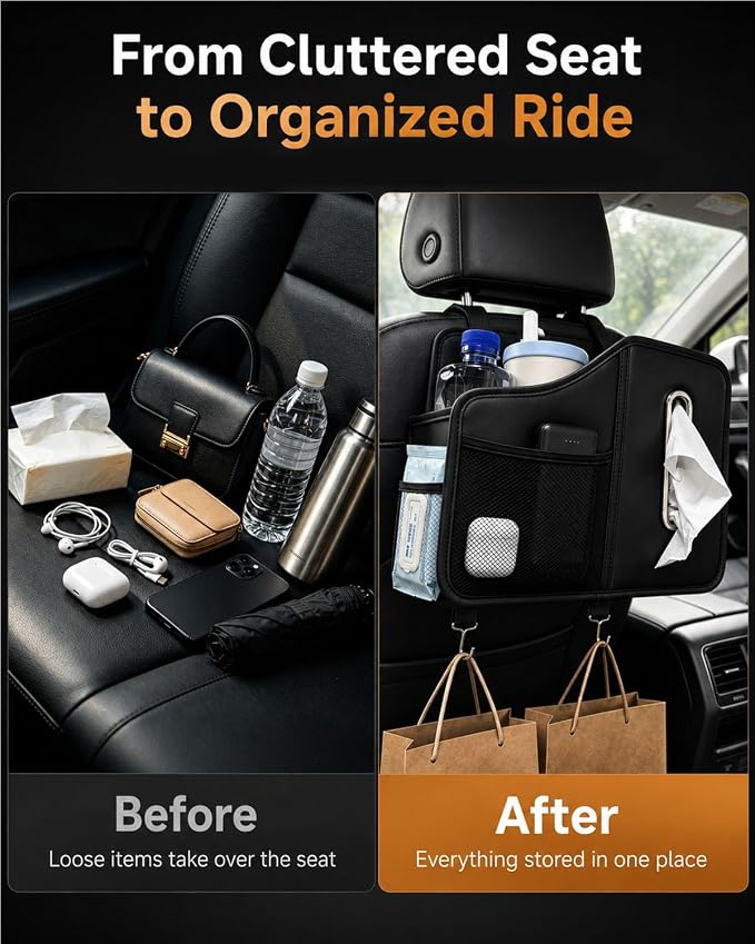 Car Tissue Holder, Leather Back Seat Organizer with Cup Holder & 2 Hooks | | Fits 100-160 Count Tissue Boxes, Keeps Drinks & Small Items Within Reach,3 Storage Pockets, Secure Headrest Mount - Image 5