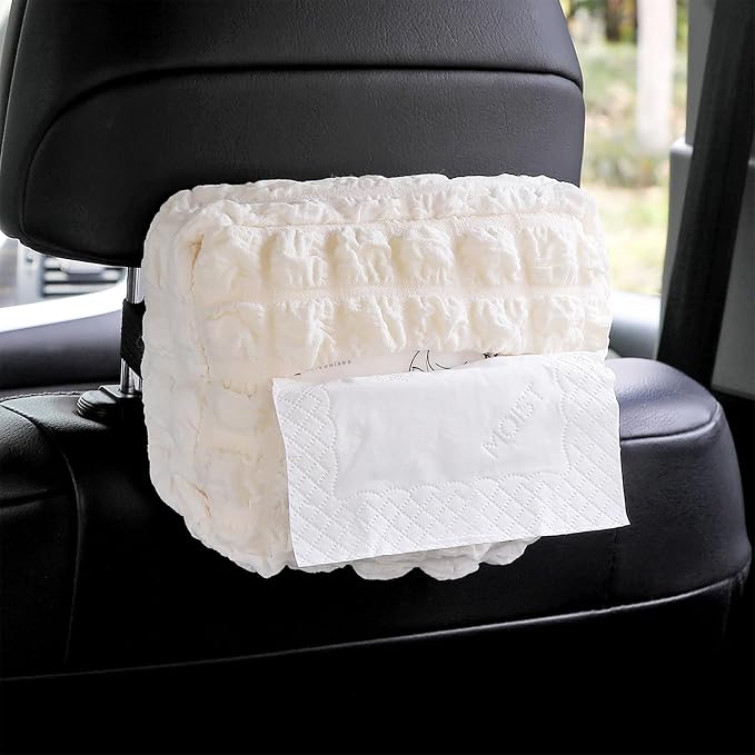 Beige White Car Tissue Holder, Car Standard Tissue Holder, Multi-Functional Car Tissue Boxes, Soft Puff Fabric with Adjustable Elastic Band, Keep Car Tidy, for Sun Visor, Backseat, Armrest - Image 2