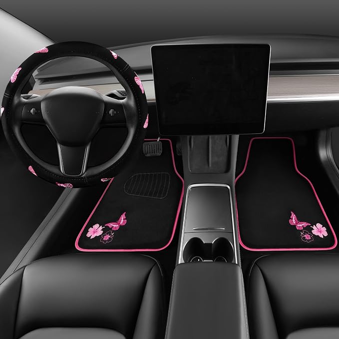 CAR PASS Embroidery Butterfly Steering Wheel Cover and Waterproof Car Floor Mats,Pink Car Mats 14.5-15inch Steering Wheel Covers Universal Fit for Cars, Suvs,Sedans,Van,for Women Girl(Black and Pink) - Image 2