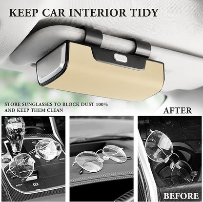 Sunglass Holder For Car Visor,Button-Open Sunglass Case For Car Visor,Car Sunglass Holder With Card Storage Function Suitable For Truck And Sedan To Place Sunglass (Beige) - Image 3