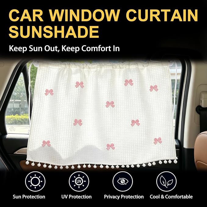 Car Side Window Sun Shade, Cute Blackout Car Window Shade Privacy Curtain for Baby, Automative UV Protection Window Shades with Suction Cup for Back Seat (Pink Bow Tie) - Image 4