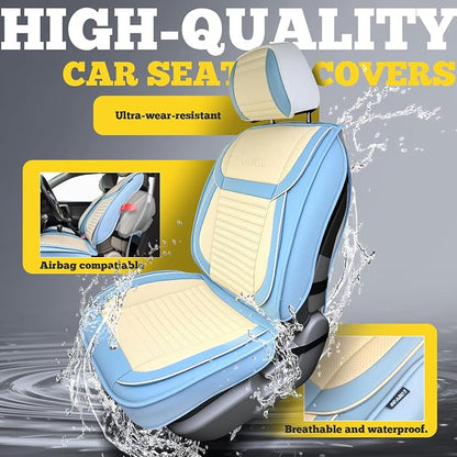 Front Car Seat Covers, Faux Nappa Leather for Sedan SUV, 2 Seats | Waterproof, Breathable and Airbag Compatible, Helps Reduce Slipping, White-Light blue - Image 6