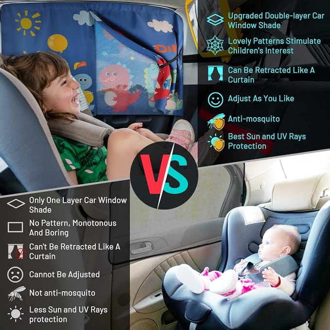 DIZA100 Car Window Shades, 2 PCS Magnetic Double Layer Sun Shade, Side Windows Privacy, Full Covers/Half Shade Options, Cute Dinosaurs, Compatible with Car, SUV, Minivan - Image 4